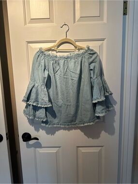 Light Blue Off-Shoulder Ruffle Sleeve Top